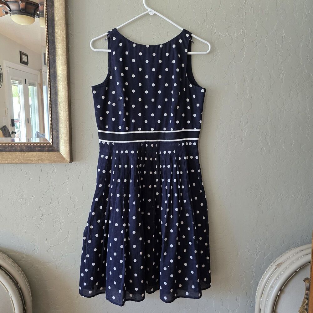 Talbots Fit & Flare Polka Dot Navy White Sleeveless Dress 6P Petite 100% Cotton
